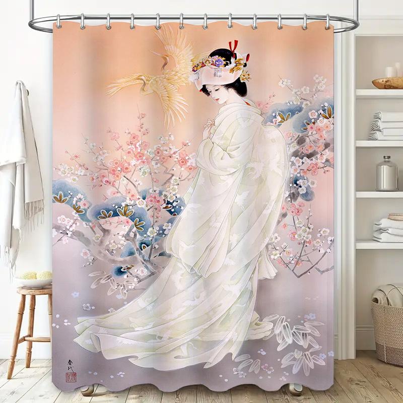 Luxury Vintage Floral Shower Curtain with Birds Print for Bathroom Decoration Peach Pink White Colorful Bath Rug Set Home Waterp