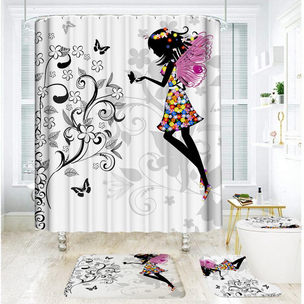 Bathroom Shower Curtain Four-piece Digital Printing Butterfly Plant Waterproof Shower Curtain Shower Curtain Partition Free of Punching