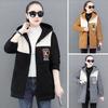 Lady Fall Winter Coat Thick Fleece Colorblock Long Sleeve Hooded Pockets Mid Length Zipper Closure Cardigan Warm Loose Lady Jacket