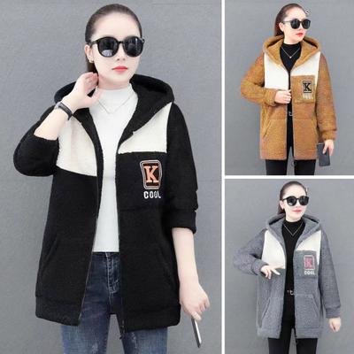 Damen-Herbst-Wintermantel, dickes Fleece, Farbblock, lange Ärmel, Kapuzentaschen, mittlere Länge, Reißverschluss, Strickjacke, warme, lockere Damenjacke