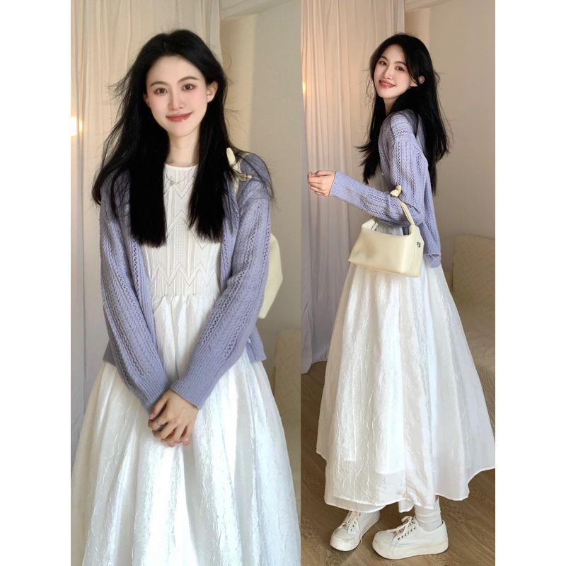 

Тонкая верхняя одежда Весенне-летнее платье на бретелях Кардиган Blue Purple S [Recommendation 70/45.00kg]]