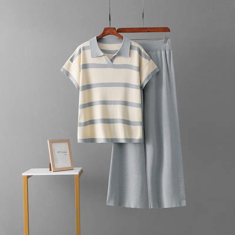 

Summer Clothing Color Matching Stripe Polo Collar Casual Fashion Short sleeve Knitted Top Solid Loose Wide Leg Pants Two-piece Set Gray One size