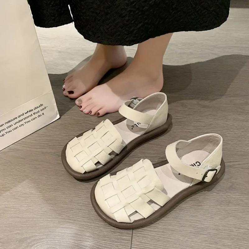 new Women's Summer Zapatillas De Mujer Shoes Square Toe Flat Sandals Leather Women Gladiator Sandals Slip on Ladies Beach Shoes