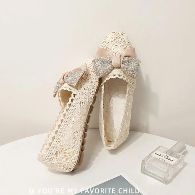 Fashion Women's Flat Shoes Net Hollow With Bow Heel Slip On Social Elegant and Fashionable 39 Quick Delivery Chic Shoe Ladies Footwear