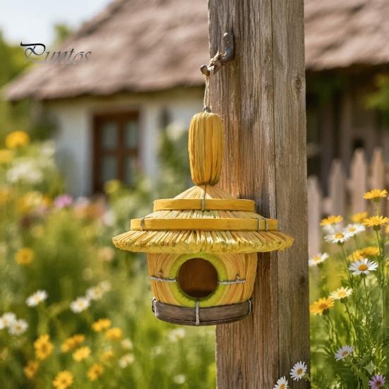 Hanging Bird Nest for Backyard Thatched Hut House, Decorative Resin Weatherproof Small Animal House Trees Shelter Outdoor Garden Decor Unique Birds