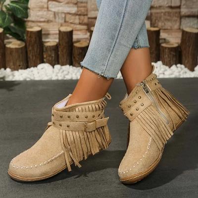 Ladies' 2024 New Style Tassel Side Zipper Fashion Suede Spring and Autumn Boots Women's Retro Comfortable Low Heel Roman Boots