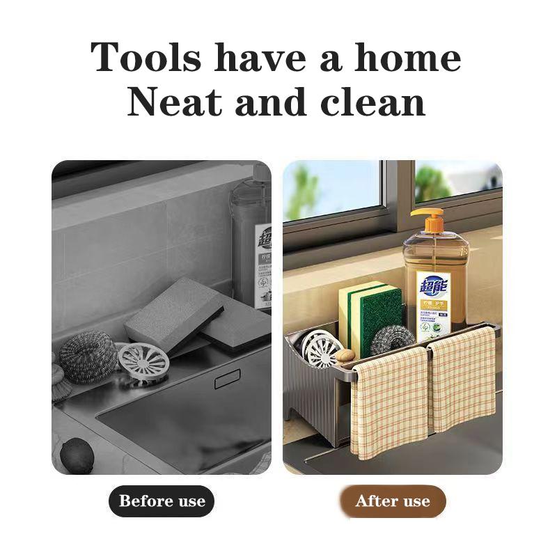 Suport pentru chiuvetă de bucătărie cu tavă cu auto-scurgere, organizator pentru cârpe de burete, baie, pentru cosmetice, pentru curățarea feței, raft de depozitare pentru uz casnic