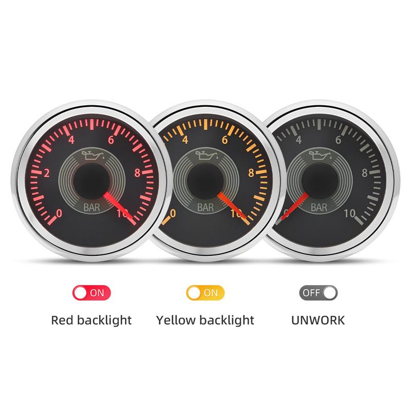 Retro Vintage Classic 0-10 Bar Oil Pressure Gauge Yellow Red LED 2" 52mm Oil Pressure Meter with Sensor 1/8NPT for Car Boat