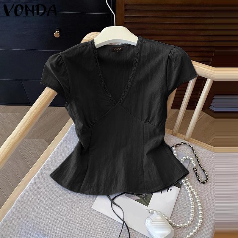VONDA Women Casual V Neck Short Sleeve Ruffled Soild Color Blouse