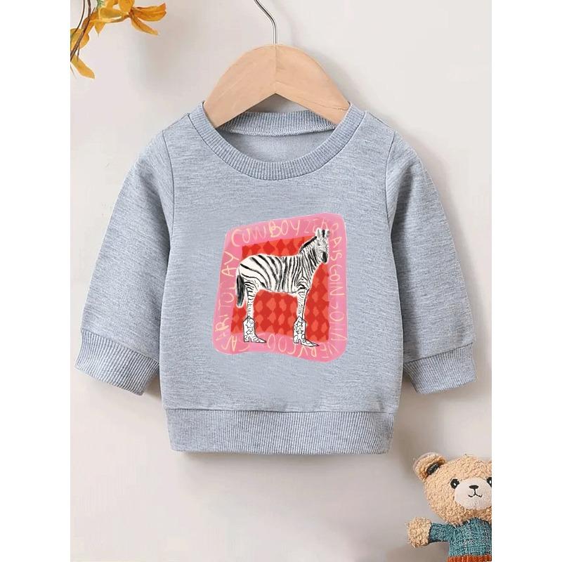 European Sizes Cute Zebra Print Pattern 0-3 Years Kids' Comfortable Spring Lightweight Crew Neck Sweatshirt Suitable for Outdoor Wear