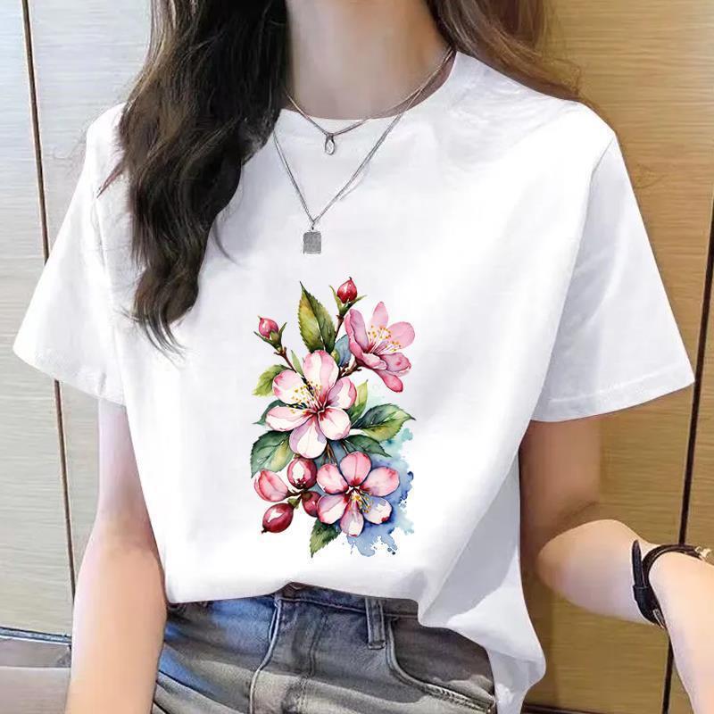 Korean Style Women's Floral Printed Short Sleeve T-Shirt, Round Neck, Casual Fashion for Youth
