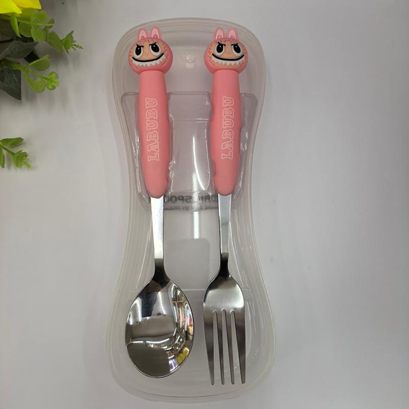 

Мультяшный набор детской посуды из нержавеющей стали большого размера Labubu, набор из двух предметов, детская посуда, портативная вилка, ложка, детские товары розовый