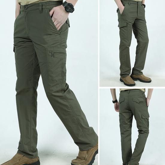 Men Solid Color Quick Dry Thin Multi-pocket Long Cargo Pants Outdoor Trousers