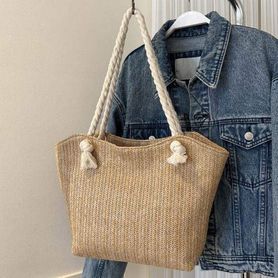 Women Straw Shoulder Bag Large Capacity Tote Bag Zipper Closure Casual Beach Bag for Daily Outings Travel Vacation Work