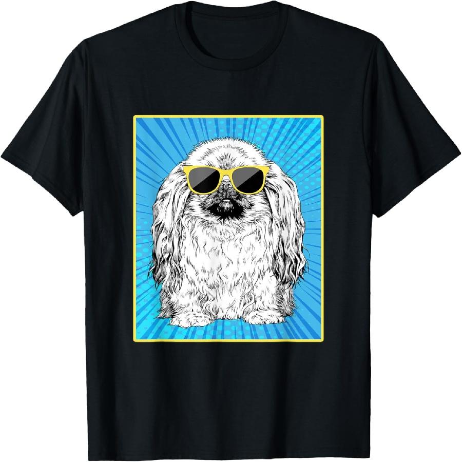 Pekingese Portrait Pop Art Dog with Sunglasses T-Shirt S