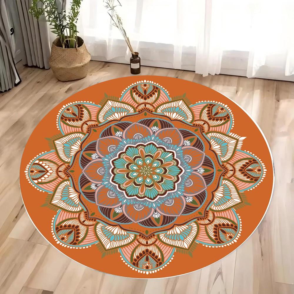 Round Mandala Pattern Area Rug Boho Art Style Mat Non Slip Stain Resistant Soft Comfortable for Living Room Bedroom Home Decor