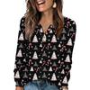 Women's Fashion V-Neck Button-Up T-Shirt With Christmas Print Long-Sleeved Top