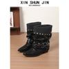 Short Boots Women'S Black Coarse Heel Belt Buckle Autumn Boots Spice Girl Rivet Pointed Knight Boots Pile Boots