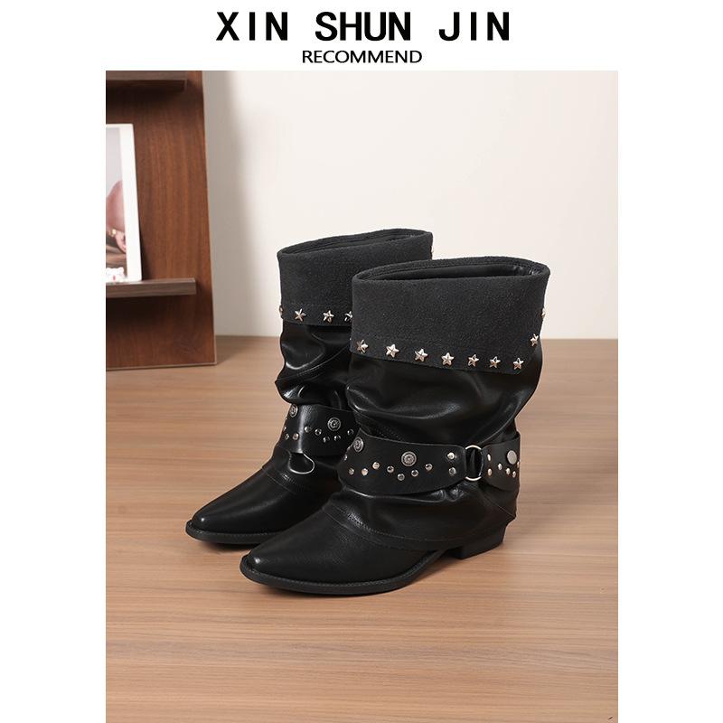 Short Boots Women'S Black Coarse Heel Belt Buckle Autumn Boots Spice Girl Rivet Pointed Knight Boots Pile Boots
