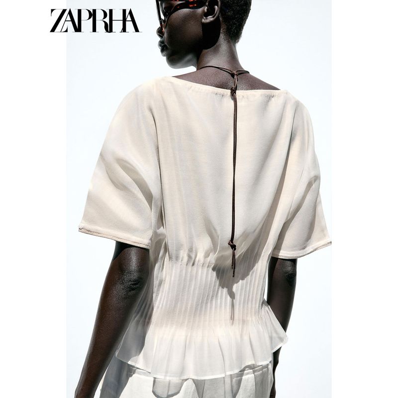 Zaprha 2025 Summer New Organza Patchwork Pleat Decoration Boat Neck Sleeveless Knitted Top 2142064