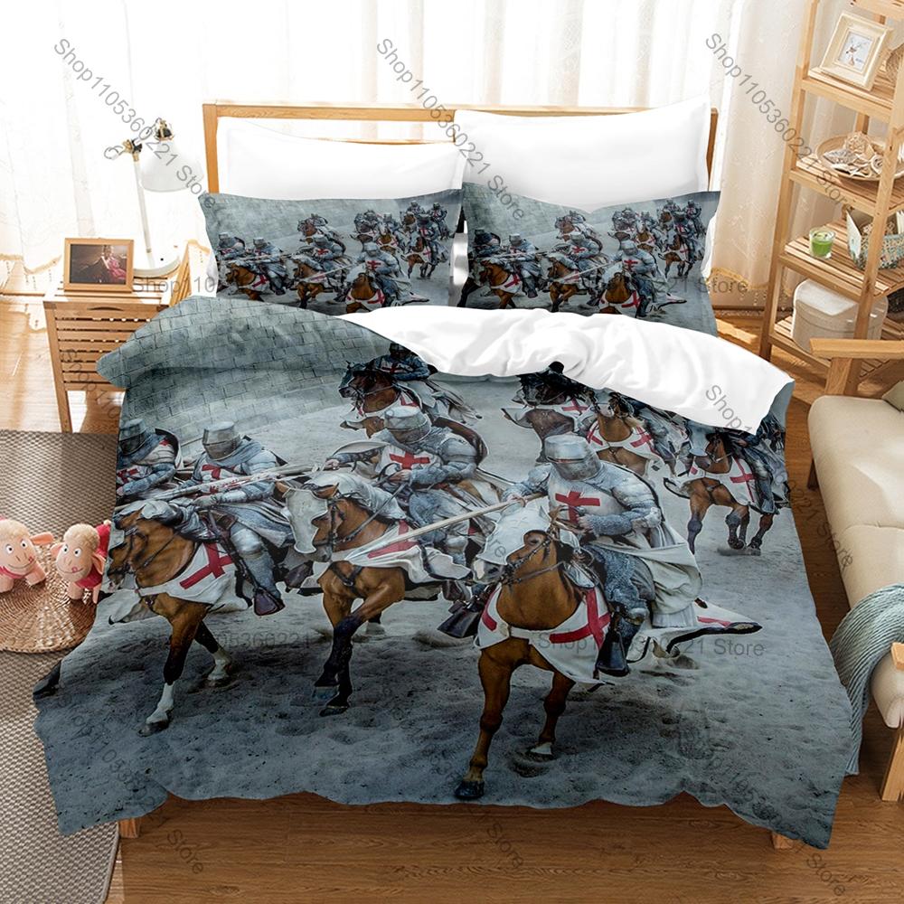 Ensemble de literie Chevalier Templier Chrétien Impression 3D 3 Pièces Housse de couette Taie d'oreiller Décoration de chambre à coucher médiévale Croisé 100x130CM black