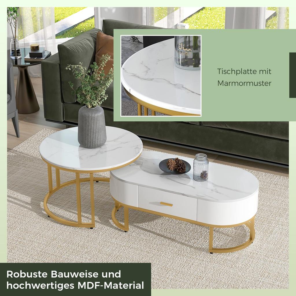 Couchtisch Rund 2er Set Satztische, Moderne Edle Nesting Kaffeetisch Oval Sofatisch Schubladen, Tischplatte Marmormuster, Balkon Büro, Weiß