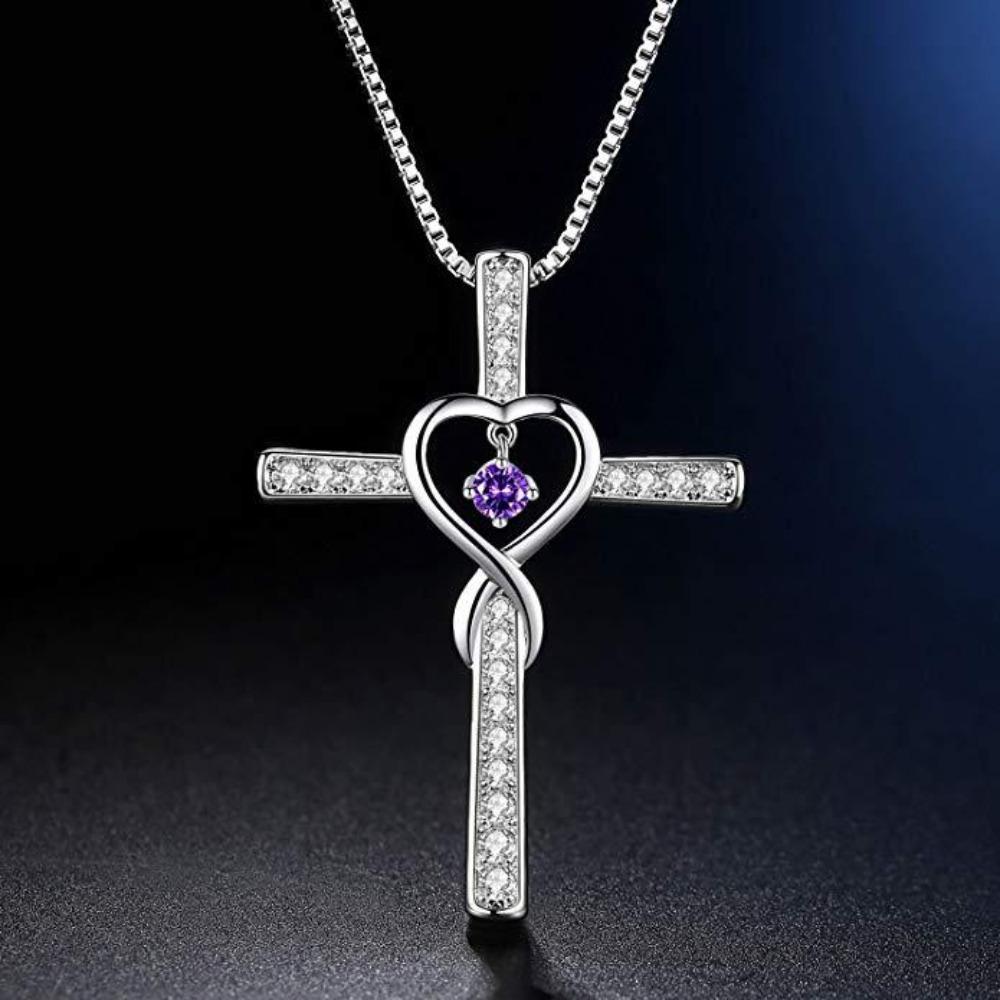 Elegant 925 Silver Cross Necklace with Sparkling Zircon and Heart Birthstone Pendant