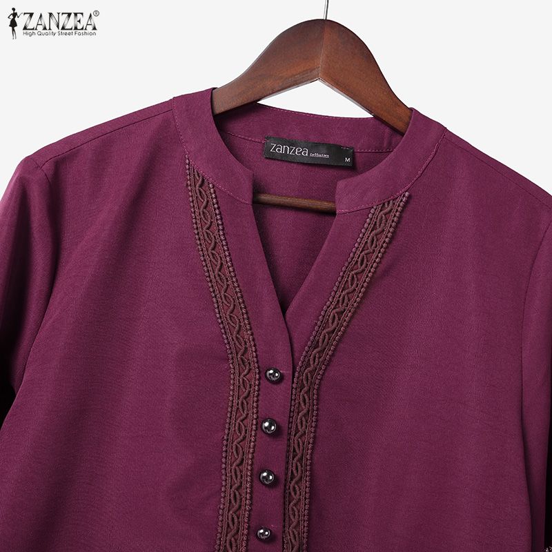 ZANZEA Women Lace Splice 3/4 Sleeve Casual V-Neck Blouse