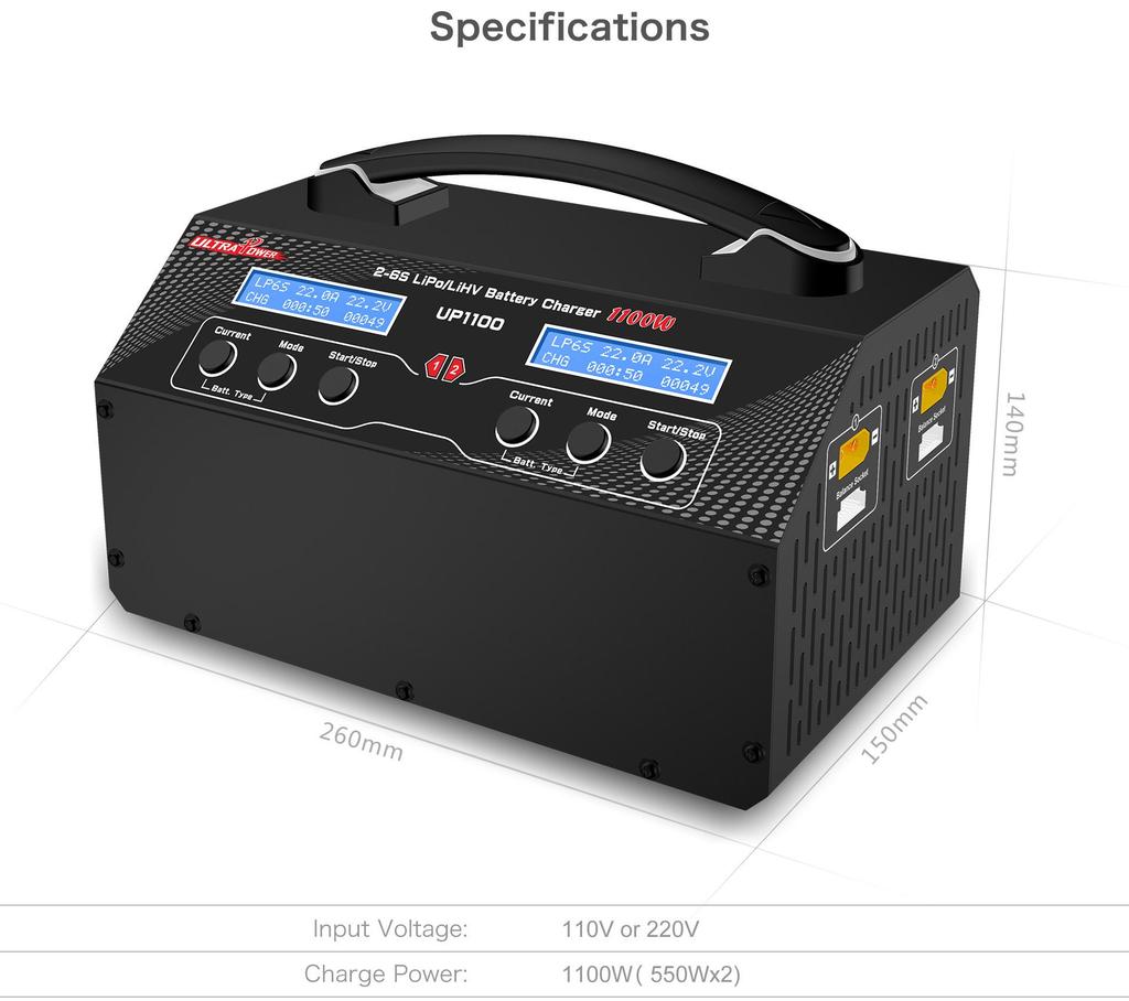 UP1100 Dual Channel Smart Charger for UAVs/Drones – 2x550W 22A Output – Supports 2S to 6S LiPo/LiHV Batteries – High-Speed Charging