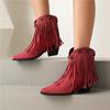 FOREADA Women Ankle Cowboy Boots Round Toe Block High Heels Western Boots Metal Decoration Tassel Cowgirl Short Boots Lady Fashion Shoes Autumn Winter