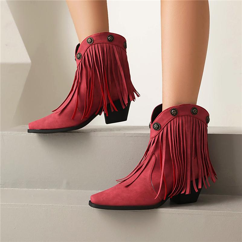FOREADA Women Ankle Cowboy Boots Round Toe Block High Heels Western Boots Metal Decoration Tassel Cowgirl Short Boots Lady Fashion Shoes Autumn Winter
