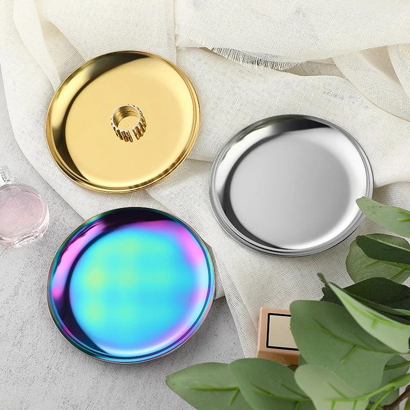 Colorful Metal Trays 10cm Round Stainless Steel Shallow Plates Vacuum Plating Jewelry Holder Desk Organizer