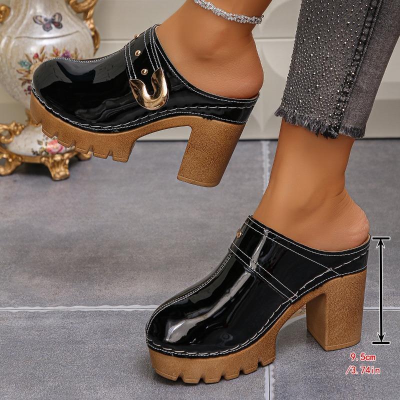 

Women Plus Size Peep Toe Chunky Heel Mules Metal Buckle Cutout Rivet Open Back Sandals 35 чёрный