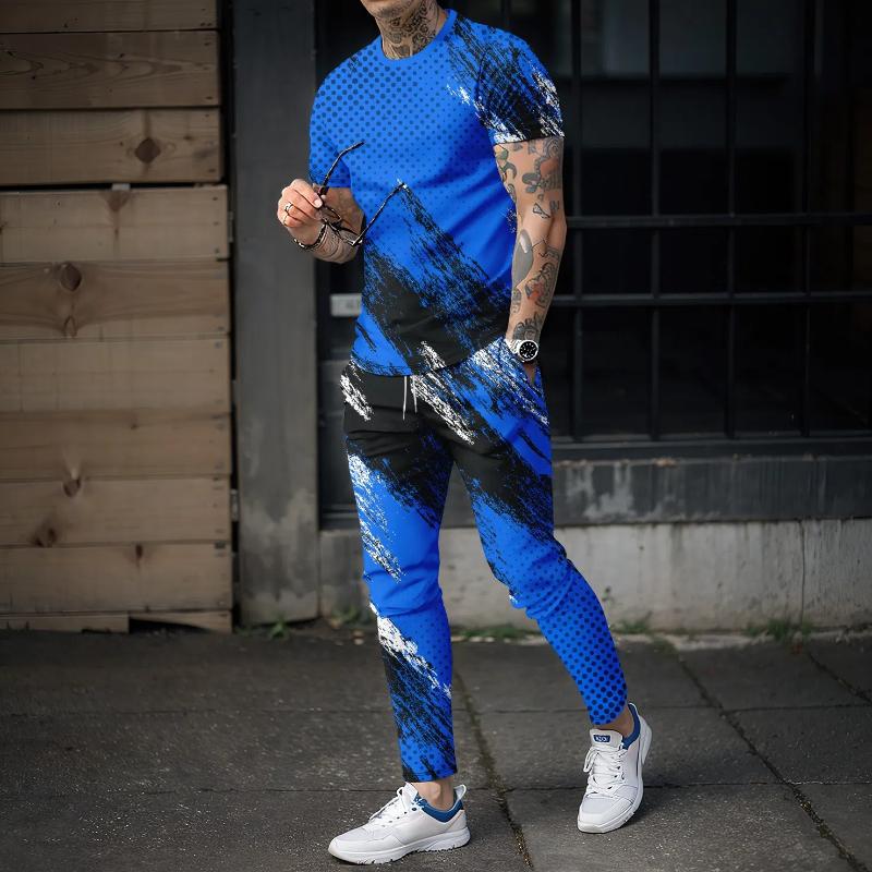 

Новые мужские длинные брюки, спортивная одежда, комплект из 2 предметов, футболка с короткими рукавами и градиентом 3D + длинные брюки, повседневная уличная одежда для велоспорта, фитнеса, бега трусцой 6XL