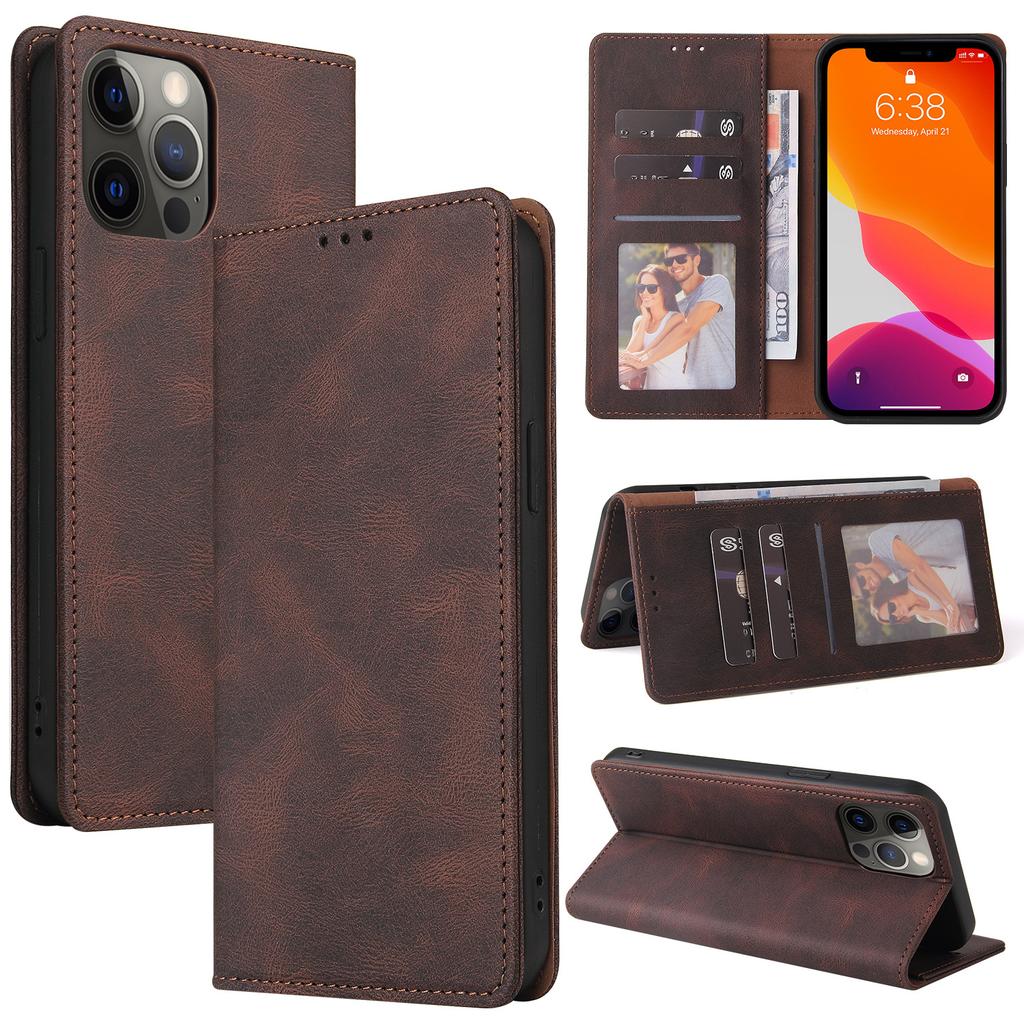 Suitable for iPhone14 Mobile Phone Leather Case 12Pro Matte Suction Card Flip Strong Magnetic Solid Color Mobile Phone Leather Case