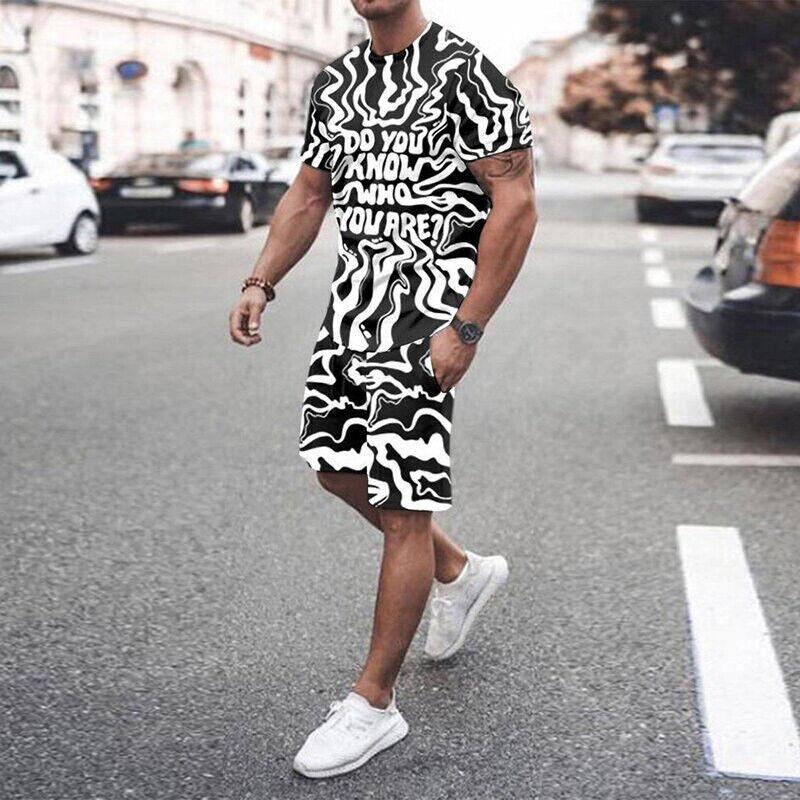 Summer Men's Casual Fashion Comfortable Sports Suit 2-Piece Set Street Wear Simple Pattern Crewneck Short Sleeve With Shorts