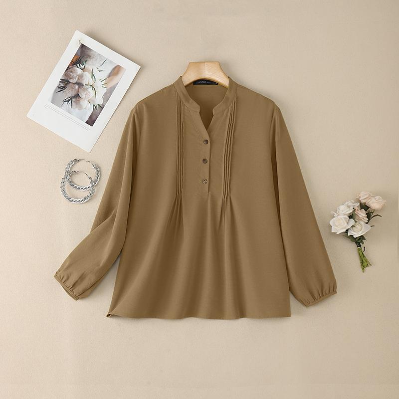 ZANZEA Dámská ležérní jednobarevná volná halenka s V-výstřihem a dlouhým rukávem