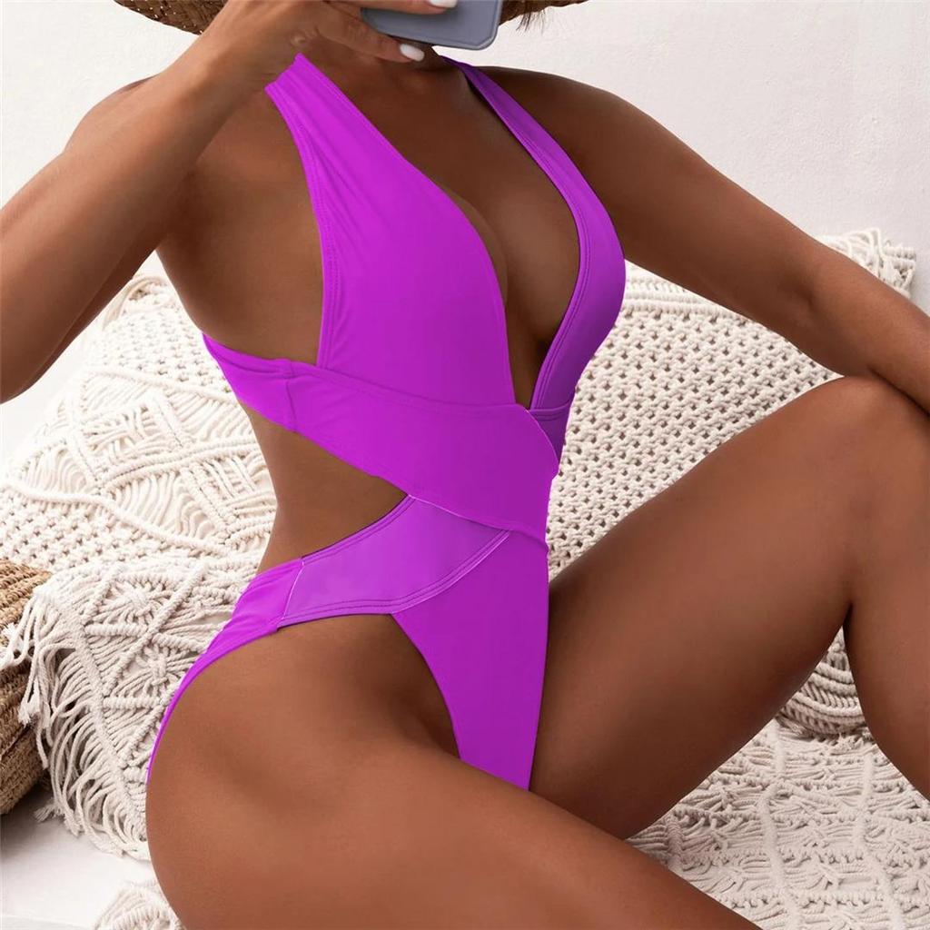 S - XL Costum de baie dintr-o piesă cu decolteu adânc în V și spate încrucișat Femei Costume de baie Femeie Decupaj înalt pe picior Scrunch pe posterior Costum de baie