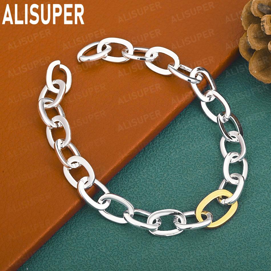 925 Sterling Silver Long Oval Side Chain Simple Bracelet Gift Jewelry 20CM