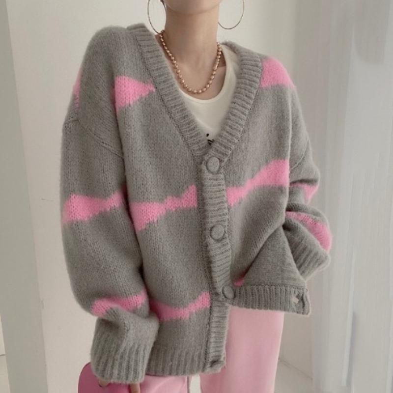 V-neck Fashion Knitted Striped Cardigan Sweater Autumn Women Office Loose Jackets Winter Elegant Casual Long Sleeve Coats Knitwear Top Clothing