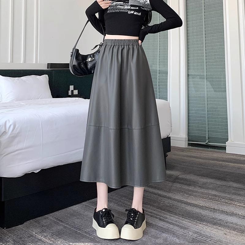 2024 Autumn/Winter New PU Leather Mid-Length Skirt - Versatile, Fashionable, Elastic Waist Umbrella Skirt for Women
