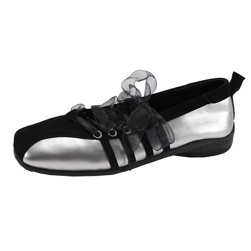 Retro silver square head inner height increase light mouth flat sole shoes women's summer 2025 new skirt versatile Mary Jane shoes