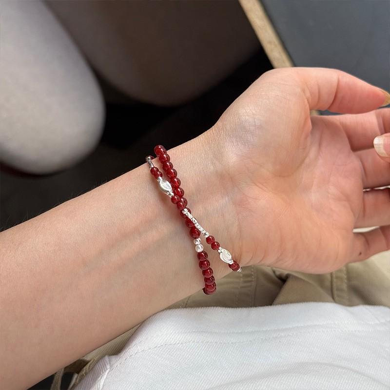 Sterling Red Agate Cat Eye Bead Bracelet Women Minimalist Fashion Stackable Wristband