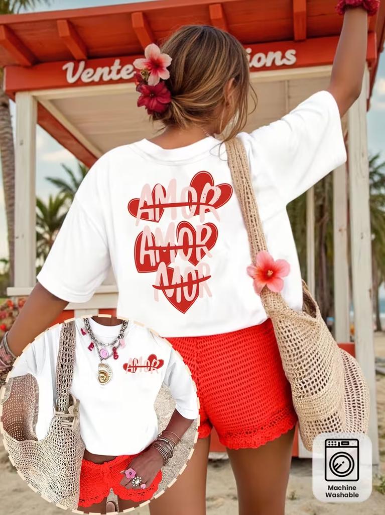 More Amor Por Favor Dopamine Letter Heart Print Casual T Shirt Streetwear Dailywear Short Sleeve Summer Vacation Tee Ladys Tops