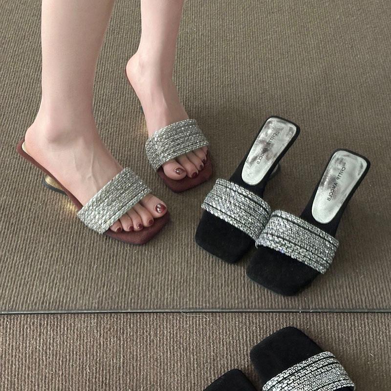 Fashion On A Wedge Shoes Womens Slippers Outdoor Slides Jelly Flip Flops Heeled Mules Pantofle Glitter High 2025 Pumps Crystal Glitter S