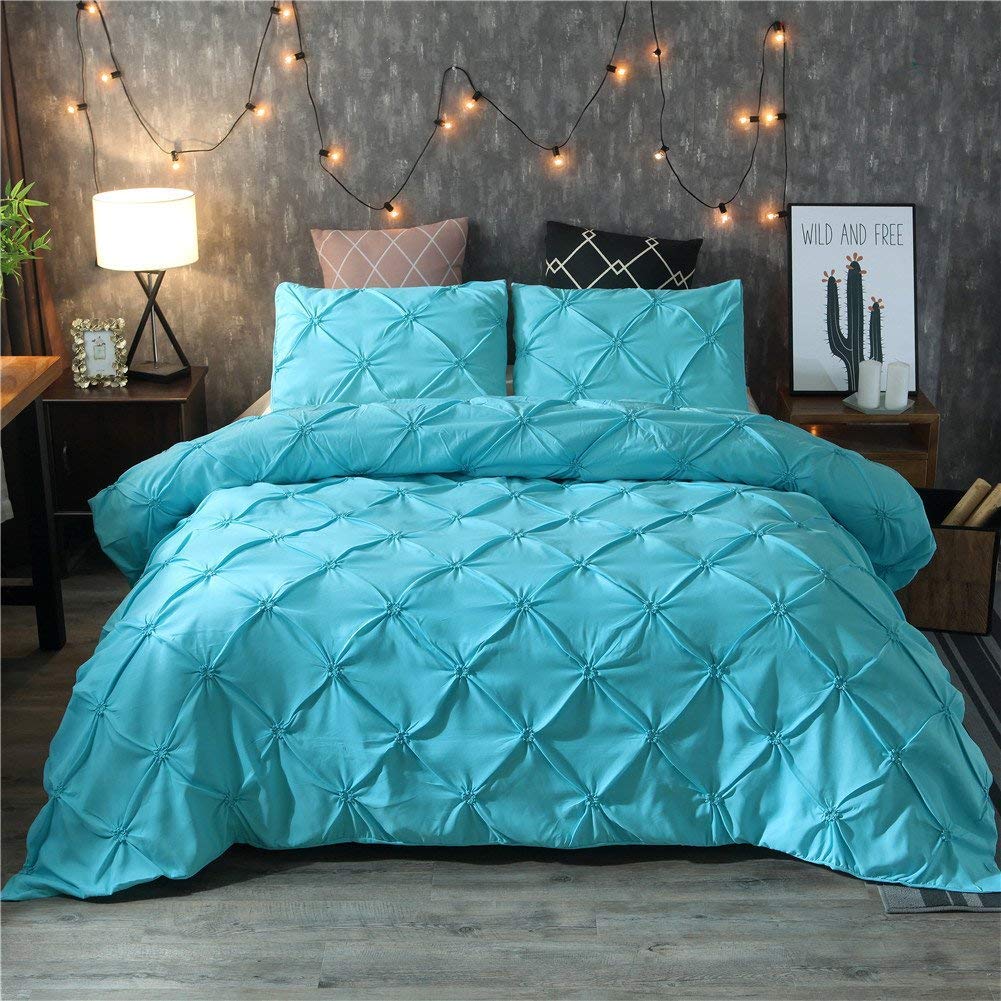 Feelyou Raffung Bettbezug Set King Size Lila Pinch Pleat Bettbezug Tuft-Design Bettwäsche Set Reißverschluss Weiches Polyester Bettdeckenbezug mit