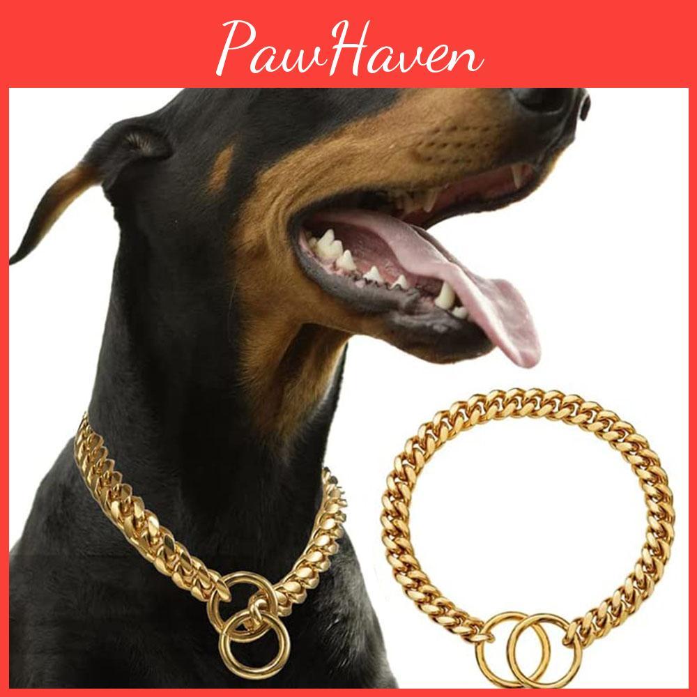 Dog Gold 18k Chain Collar 10mm Cuban Link Chain Stainless Steel Metal Links Walking Training Collar For Small Medium Large Dogs