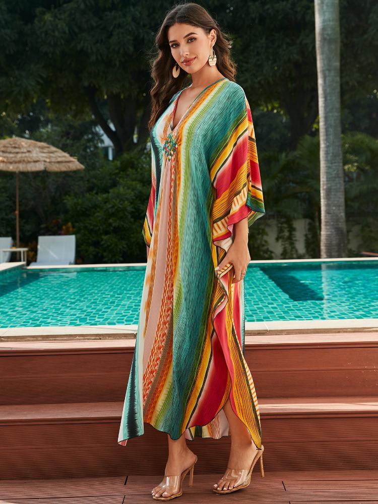 EDOLYNSA 2024 Vícebarevné bohémské tištěné šaty plus size kaftan dámský kaftan letní outfity volné dovolenkové párty šaty Moo Moo