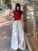 Plus Size High Waist Retro White Wide-Leg Jeans for Women - Summer 2025 Trendy Slimming Floor-Length Pants