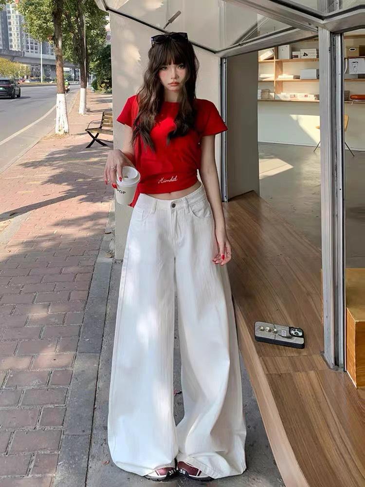 Plus Size High Waist Retro White Wide-Leg Jeans for Women - Summer 2025 Trendy Slimming Floor-Length Pants